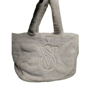 Victoria's Secret Faux Fur Tote Bag Cream Logo Plush Winter Shoulder Bag NWT